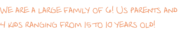We are a large family of 6! Us parents and  4 kids ranging from 15 to 10 years old!